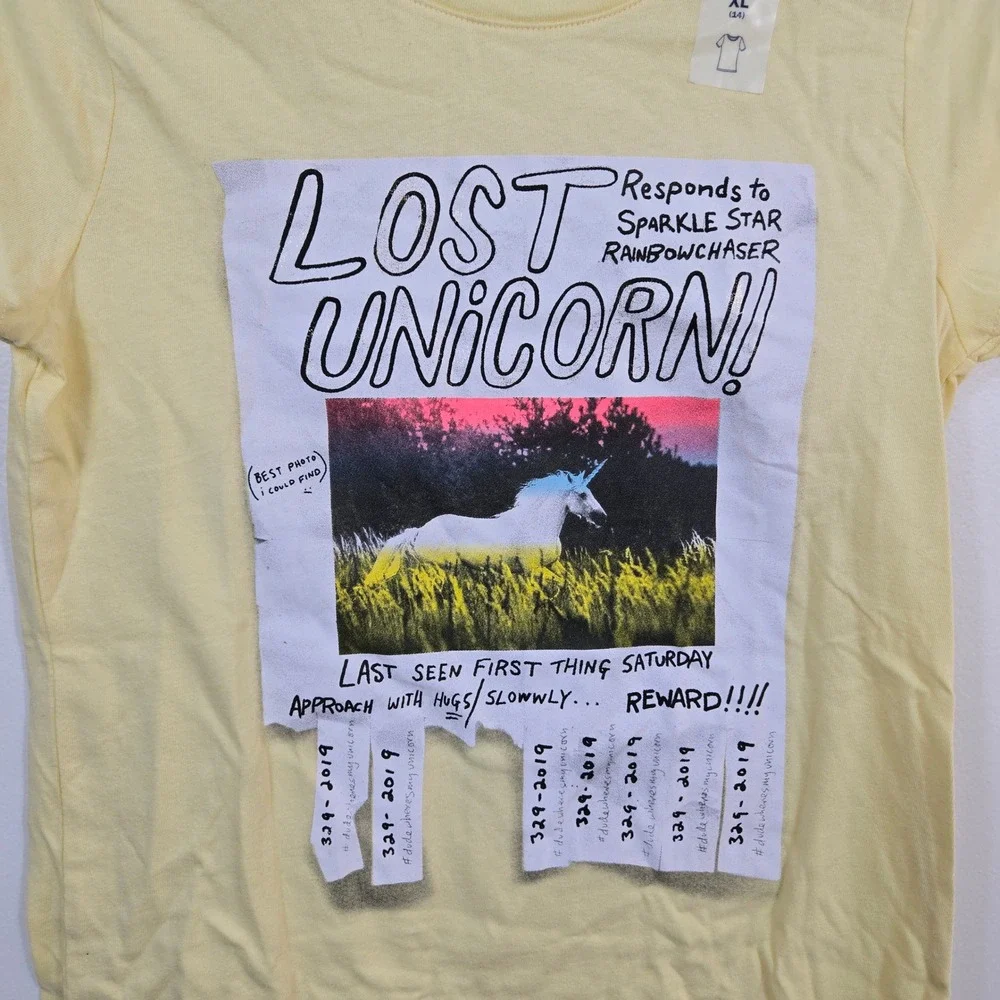 Old Navy Girls Yellow Lost Unicorn Short Sleeve Graphic Tee XL/14 NEW Whimsical